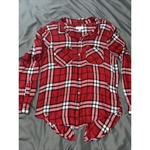 Lucky Brand Womens S/P Red Plaid Button Up Split Back